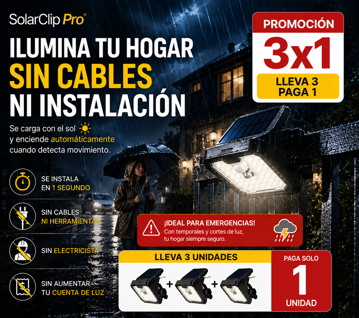 Lámpara Solar Inteligente con Clip | Oferta 3x1