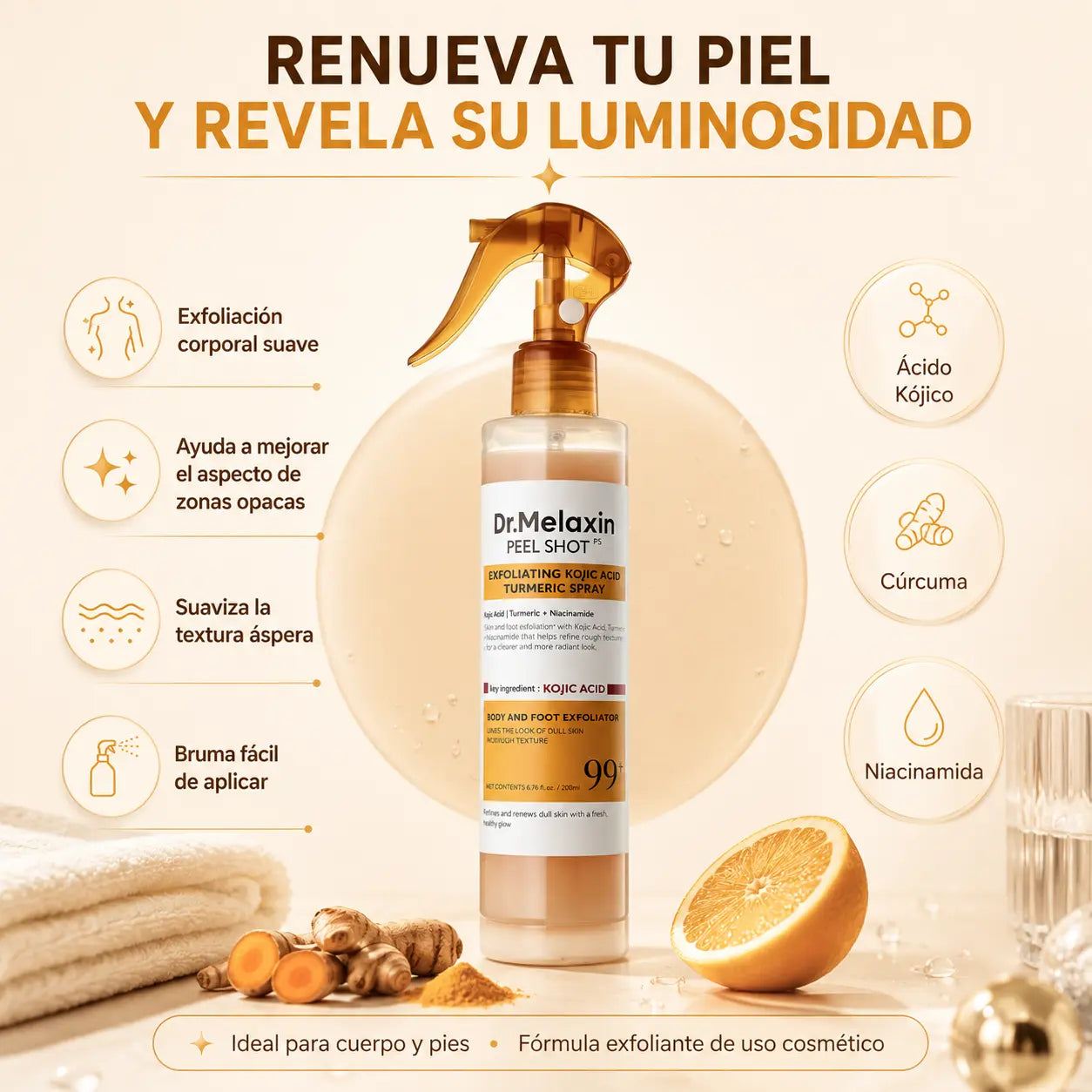 Dr. Melaxin Peel Shot™ Spray exfoliante corporal para una apariencia más suave, luminosa y visualmente uniforme.