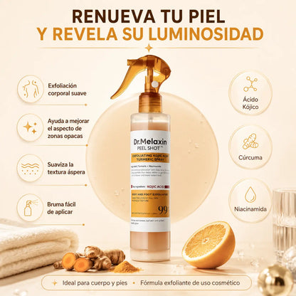 Dr. Melaxin Peel Shot™ Spray exfoliante corporal para una apariencia más suave, luminosa y visualmente uniforme.