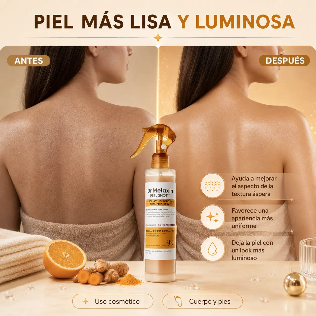 Dr. Melaxin Peel Shot™ Spray exfoliante corporal para una apariencia más suave, luminosa y visualmente uniforme.