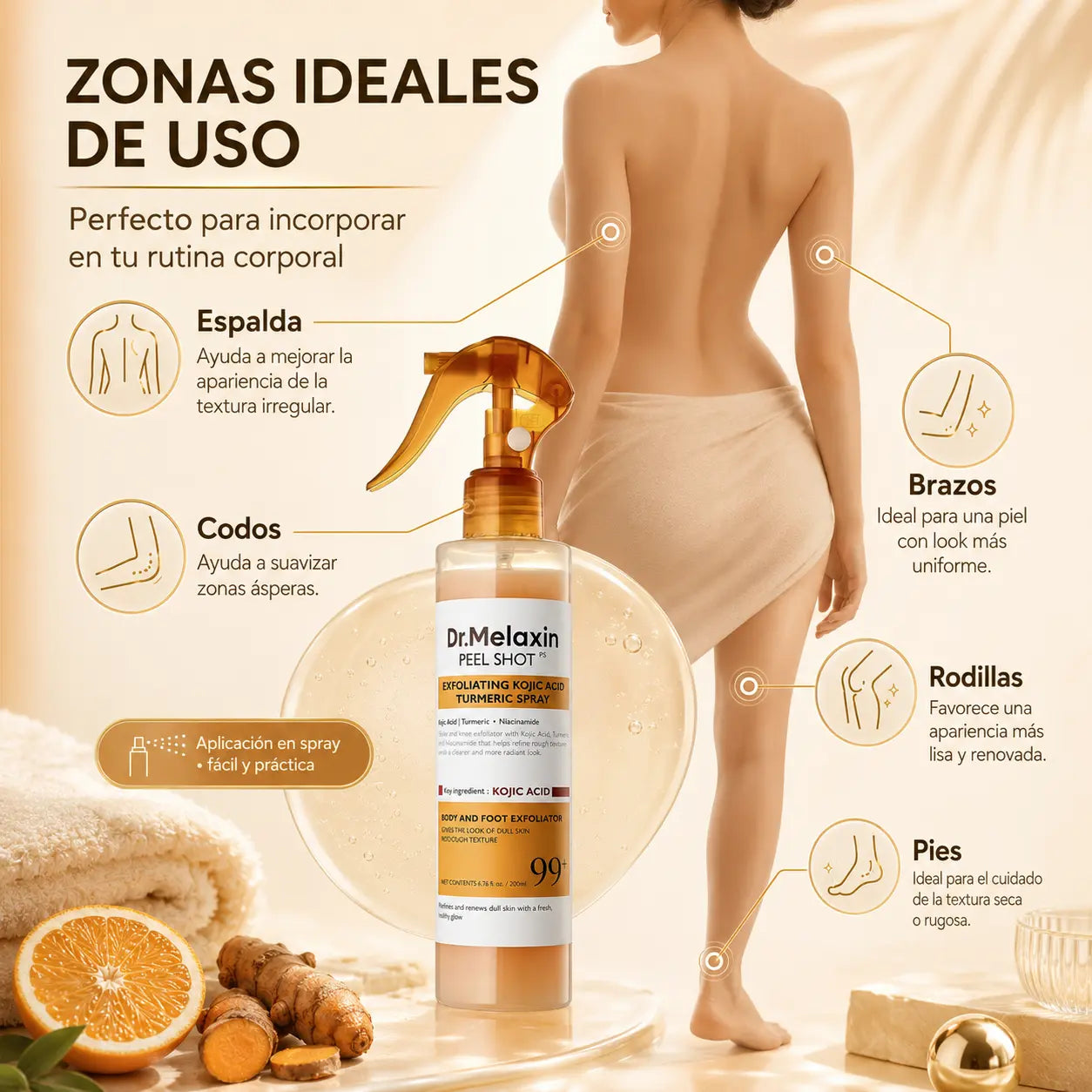 Dr. Melaxin Peel Shot™ Spray exfoliante corporal para una apariencia más suave, luminosa y visualmente uniforme.