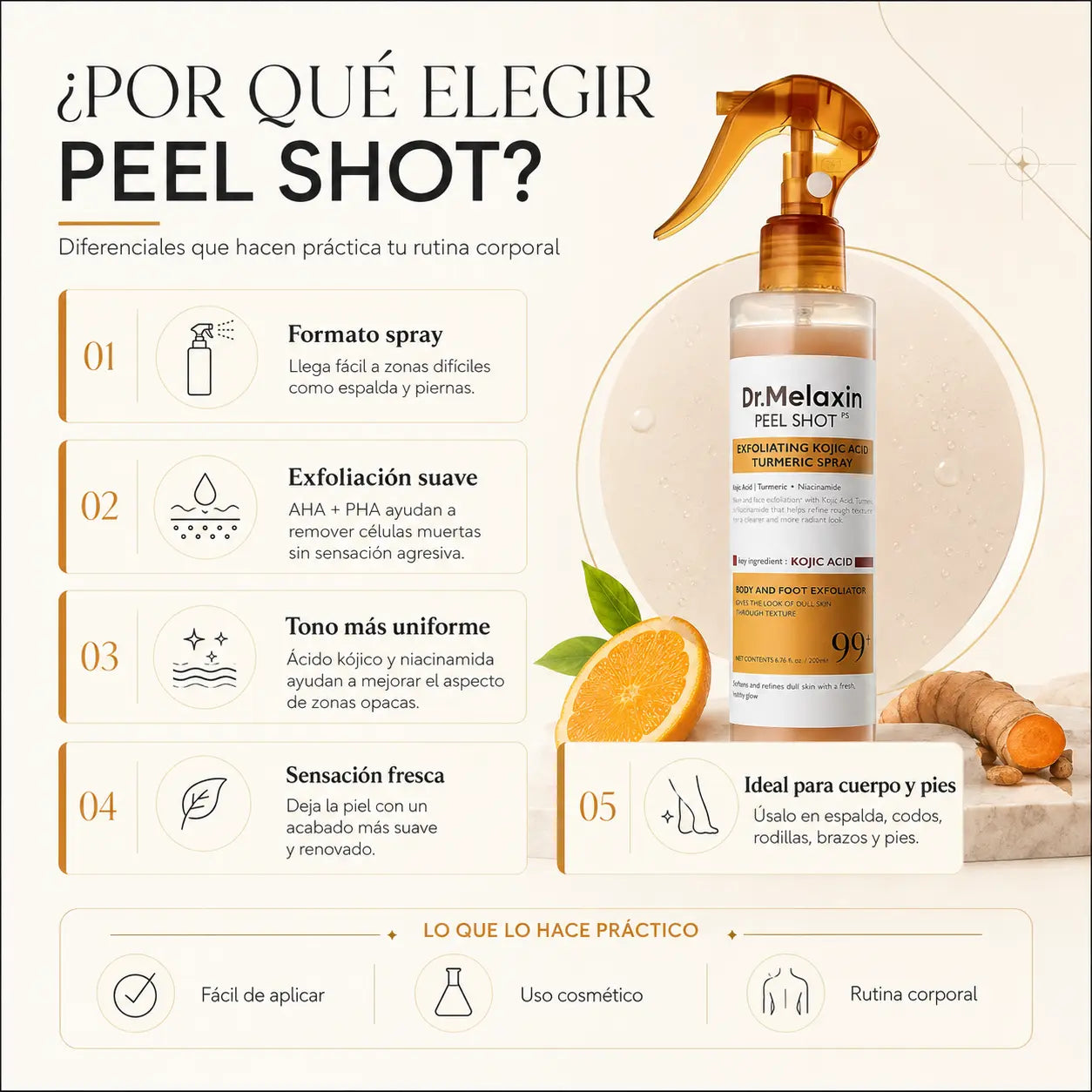 Dr. Melaxin Peel Shot™ Spray exfoliante corporal para una apariencia más suave, luminosa y visualmente uniforme.