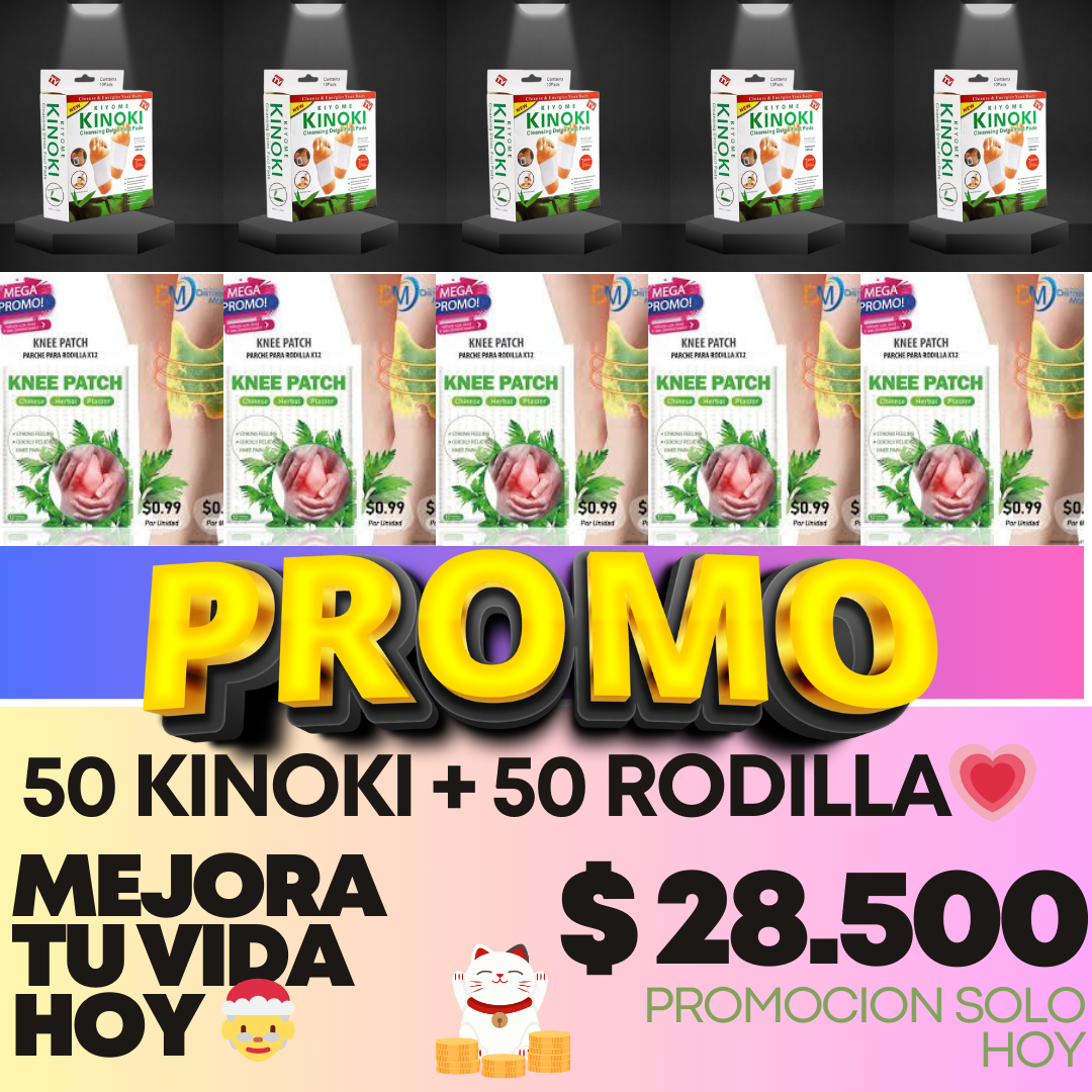 🎉 Promoción Exclusiva: ¡Compra 10 cajas y ahorra! 🛍️💥 50 KINOKIS + 50 PARCHES DOLOR RODILLA