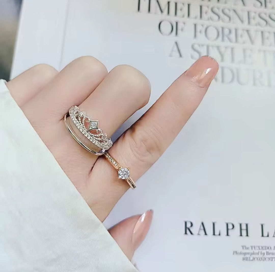 Anillo Corona Real Dúo - Anillo ajustable bañado en plata 925 y oro rosa