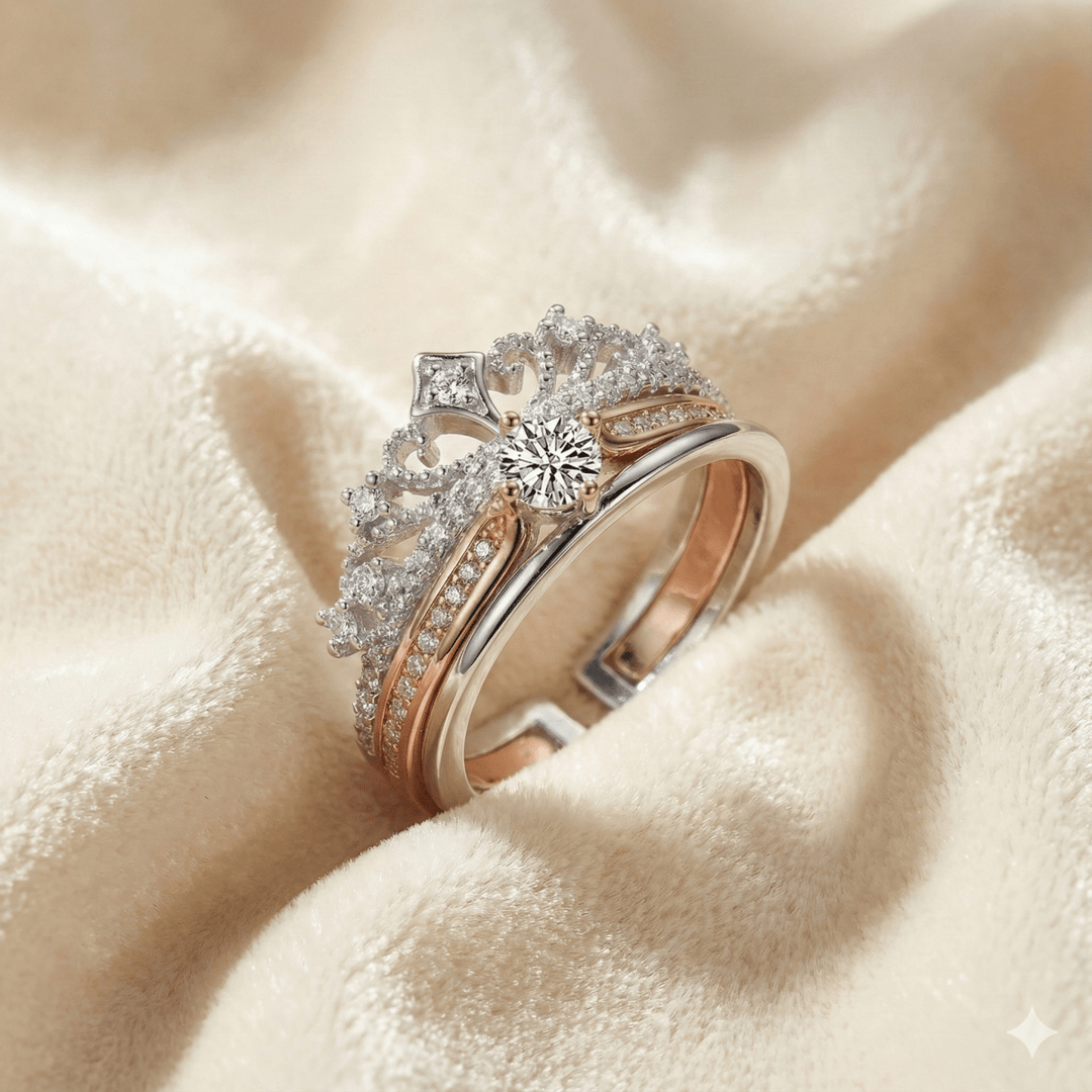 Anillo Corona Real Dúo - Anillo ajustable bañado en plata 925 y oro rosa
