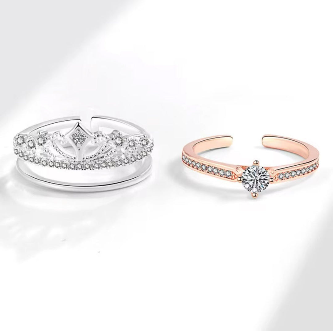 Anillo Corona Real Dúo - Anillo ajustable bañado en plata 925 y oro rosa
