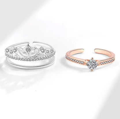 Anillo Corona Real Dúo - Anillo ajustable bañado en plata 925 y oro rosa