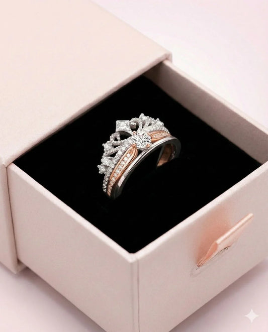 Anillo Corona Real Dúo - Anillo ajustable bañado en plata 925 y oro rosa